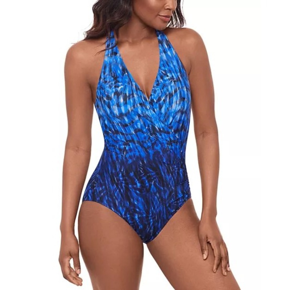 Miraclesuit Wrapsody One Piece Swimsuit Blue Black Abstract Print Sz 10 6566249